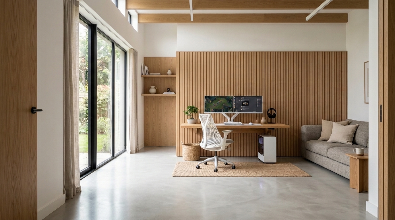 Japandi Minimalist Meşe Gaming Oda Uygulaması